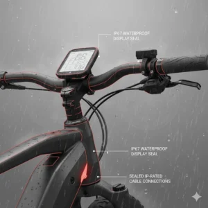 Illustration showing IP-rated water-resistant seals on an electric bike's display and wiring.
