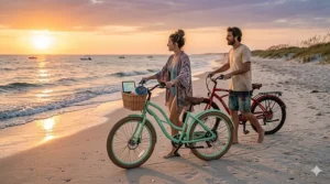 Two colorful beach cruiser electric bikes parked on a sandy path near the ocean.