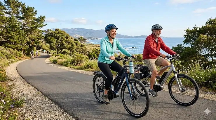 An active senior couple riding step-through electric bikes on a paved park trail during a sunny afternoon. electric bike for retirees