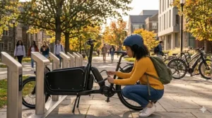 A student using a cargo-style electric bike for hauling books and supplies across a university quad.