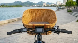 Front view of a commuter electric bike showing a metal mesh basket attached to the handlebars.