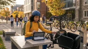 A college student using a tablet to check electric bike stats and navigation while parked on campus.