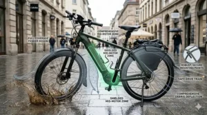 Illustration with labels showing how fenders protect the mid-drive motor and battery from road debris.