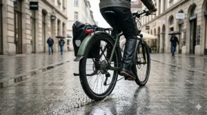 Action shot of a rear electric bike fender successfully blocking water and mud splashes on a wet road.