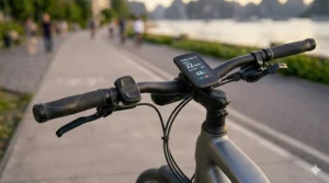 Handlebar display and button controls for operating integrated lights on an electric bike.