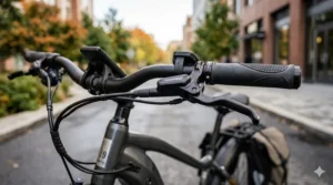 Close-up of a ergonomic electric bike hydraulic brake lever mounted on the handlebar.