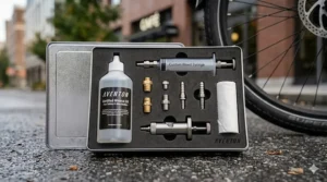 Illustration of a maintenance kit used for bleeding electric bike hydraulic brakes.