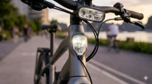 Close-up of a powerful LED headlight built into the frame of an electric bike.