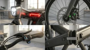 Illustration of integrated LED lighting and hydraulic disc brakes on a premium electric bike for urban professionals.