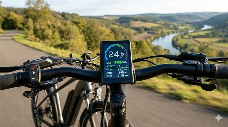 Close-up of a high-contrast e-bike LCD display showing odometer and assist levels. electric bike with lcd display