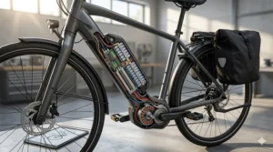 Detailed illustration of a high-capacity electric bike battery highlighting long-range capabilities for professional commuters.