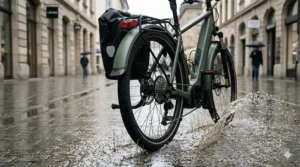 Low-angle view of an electric bike's rear fender preventing dirty water from spraying the rider's back.