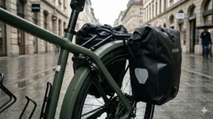 Detail shot of a rear electric bike fender integrated with a heavy-duty luggage rack and waterproof bags.