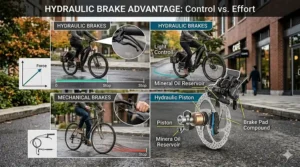 Infographic comparing stopping distances of an electric bike with hydraulic brakes versus mechanical brakes.