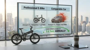 Conceptual illustration showing how choosing an electric bike for professionals reduces corporate carbon footprints.