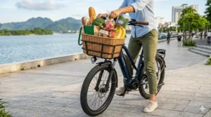 A close-up of an electric bike with a large rear basket filled with fresh grocery bags.
