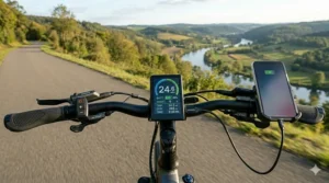 Ergonomic handlebar setup of a commuter electric bike with a center-mounted LCD screen.