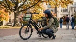 A college student inspecting the frame and battery of an electric bike on a campus walkway.