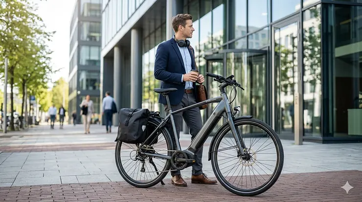 A modern electric bike for professionals parked in front of a contemporary glass office building during a morning commute.