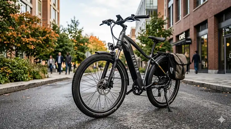High-performance electric bike with hydraulic brakes parked on a city street.