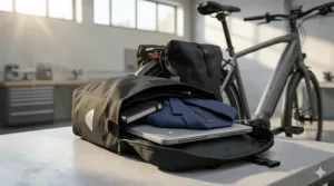 Close-up of an electric bike for professionals featuring an integrated rack and waterproof laptop pannier bag.