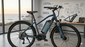 A diagram highlighting the motor and battery range of a standard electric bike for couples.