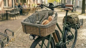 An electric bike with a rack-compatible child seat attached, showing a safe family transport option.