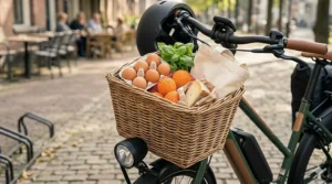 An electric bike with a rack-mounted wooden basket filled with groceries, highlighting daily practicality.