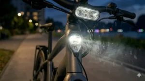 Side-by-side comparison showing the visibility distance of an electric bike with integrated lights versus standard reflectors.