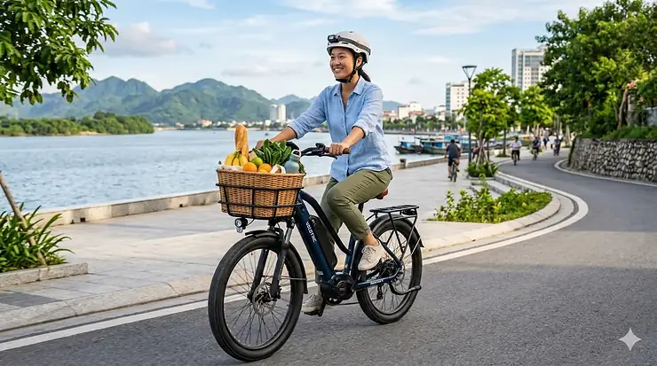 A modern step-through electric bike with a front wicker basket parked on a sunny city sidewalk. electric bike with basket