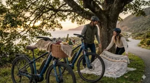 Illustration of an electric bike with a large front basket packed for a romantic couple's picnic.