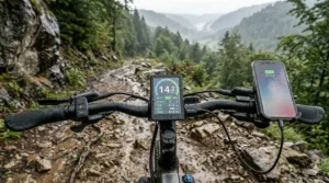 Rugged electric mountain bike equipped with a shock-resistant smart LCD console.