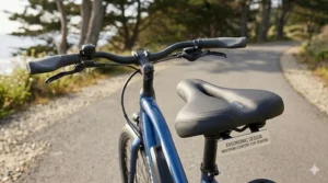A photorealistic close-up focusing on the cockpit of a senior-friendly electric bike, featuring swept-back ergonomic handlebars and a wide, deeply padded saddle.