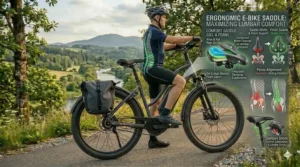 A wide, ergonomic e-bike saddle aligned to provide maximum pelvic support and lumbar comfort.