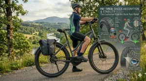 Wide fat tires on an electric bike providing extra cushioning and stability for sensitive backs.