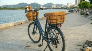 An all-terrain fat tire electric bike equipped with a heavy-duty rear rack basket for trail riding.