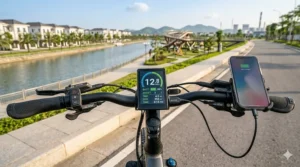Compact LCD display mounted on a folding electric bike for urban commuting.