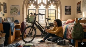 A compact folding electric bike for college students stored neatly inside a university dorm room.