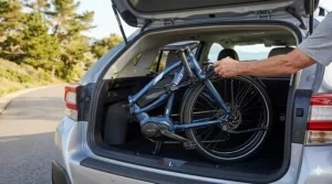 A photorealistic close-up of a senior man's hand easily lifting a folded electric bike into the trunk of a modern SUV, demonstrating its manageable design.