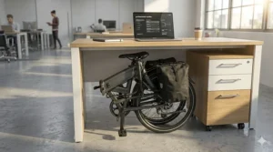 A compact, folding electric bike for professionals stored neatly under a desk in a modern workspace.