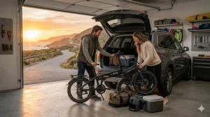 Illustration of two compact folding electric bikes fitting into the back of a car for travel.