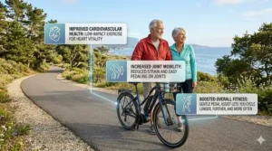 A photorealistic illustration of a senior couple with an infographic highlighting improved cardiovascular health, joint mobility, and overall fitness for seniors.
