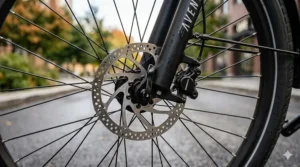 Detailed view of a hydraulic disc brake system on an electric bike front wheel.