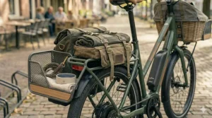 Detail shot of an integrated rack welded directly to the electric bike frame for extra stability and weight limits.