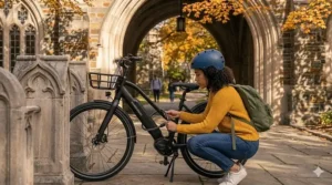 A student securing an electric bike with a heavy-duty cable lock to a campus bike rack.