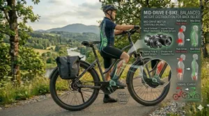 Illustration of a mid-drive motor e-bike showing balanced weight distribution for easier handling and less back stress.