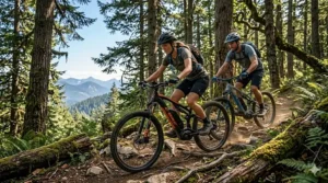 A couple navigating a forest trail on powerful off-road electric mountain bikes.