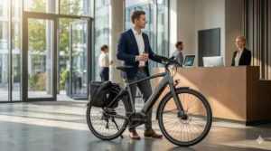 A professional cyclist in business casual attire entering a corporate lobby with a sleek electric bike.