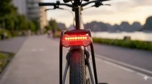 High-visibility rear brake light integrated into the rack of an electric bike.