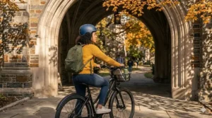 A student riding an electric bike through a stone archway on a historic university campus.